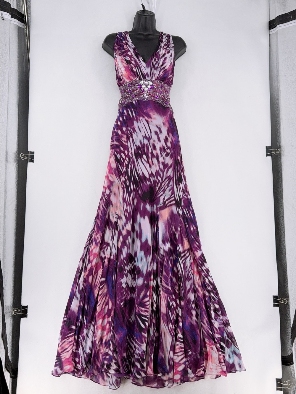 VTG Style Y2K Ignite Evenings Purple Abstract Print Beaded Prom Gown Dress 12